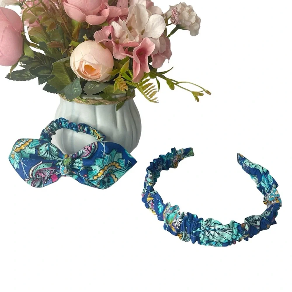 Ruffle Headbands end Scrunchie Set Girls Handmade Hair floral blue
